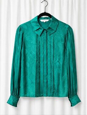 Vintage Horchow Silk Paisley Jacquard Pleated Green Hidden Placket Luxury Blouse